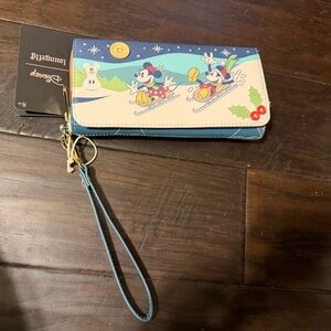 Loungefly Blue and Cream Mickey and Minnie Holiday Wristlet